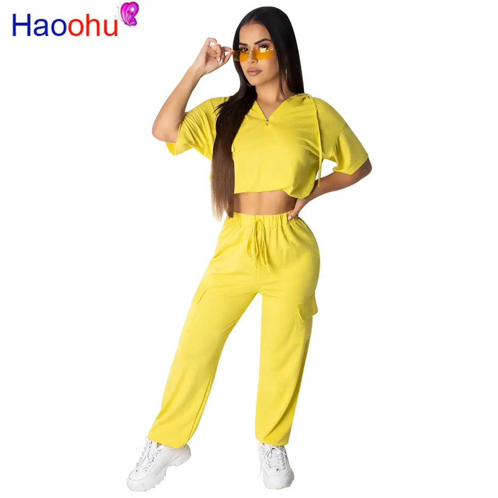 

Спортивный костюм HAOOHU женский из 2 предметов, пикантный однотонный укороченный топ с капюшоном и повседневные длинные брюки в стиле хип-хоп,...