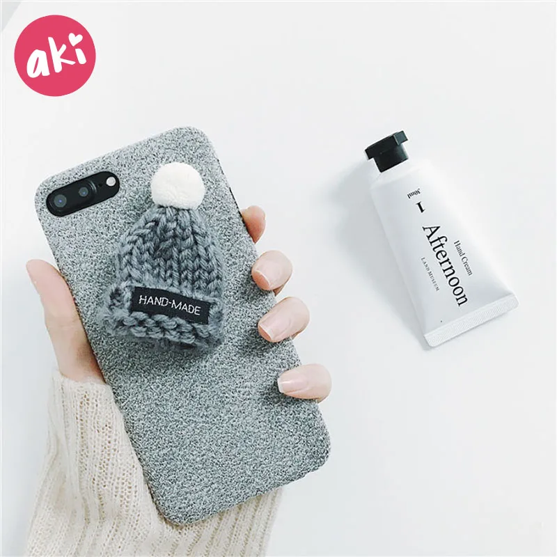 AKI Wool Hat Phone Case for iPhone 7 8 Plus 3D Cute Fur Cover 6 6s X Christmas Warm Winter |