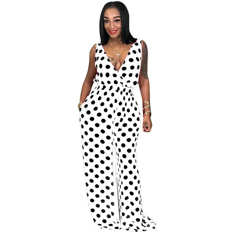 2018 женский летний сексуальный комбинезон в горошек Свободный цельный Глубокий v