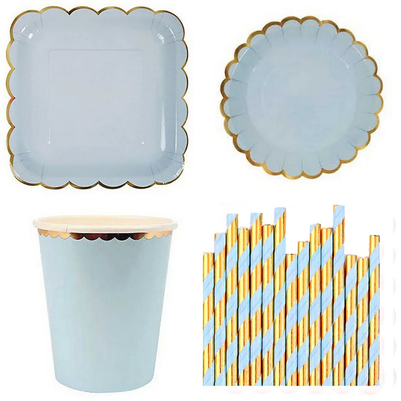 Blue Straw Set Мятный зеленый Pinkl фольга золото одноразовые наборы посуды бумажные тарелки чашки соломы для показа пола свадебные приспособления для декора вечеринки - Цвет: Blue Straw Set