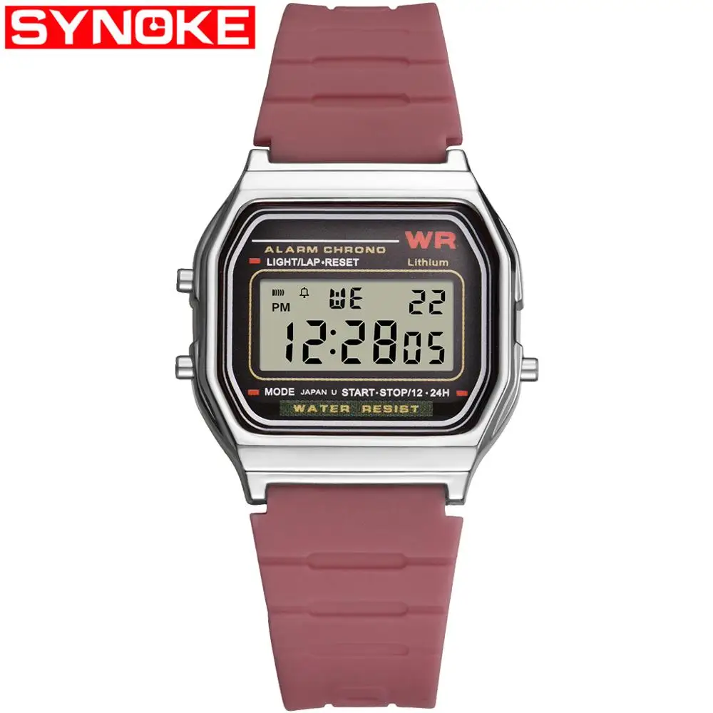 silver and pink SYNOKE мужской квадратный светодиодный цифровые часы пластиковые плавательные спортивные черные водонепроницаемые мужские часы дисплей наручные часы ударопрочный - Цвет: silver and pink