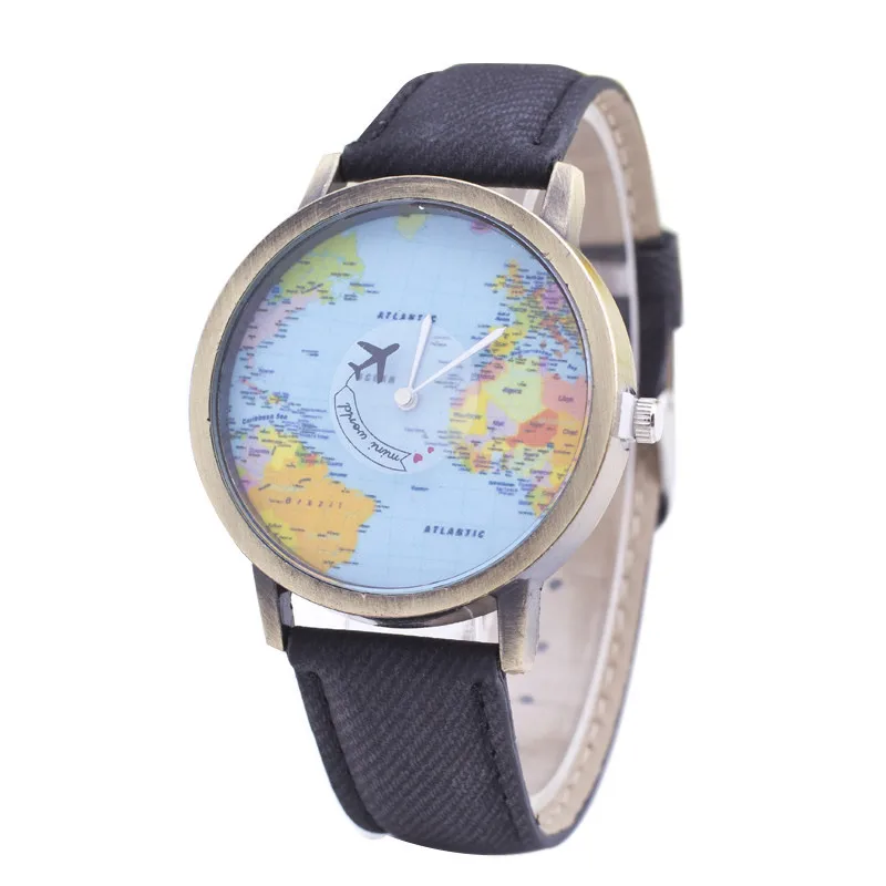 2016 Повседневная мода карта самолет джинсовая ткань ремешок кварцевые наручные
