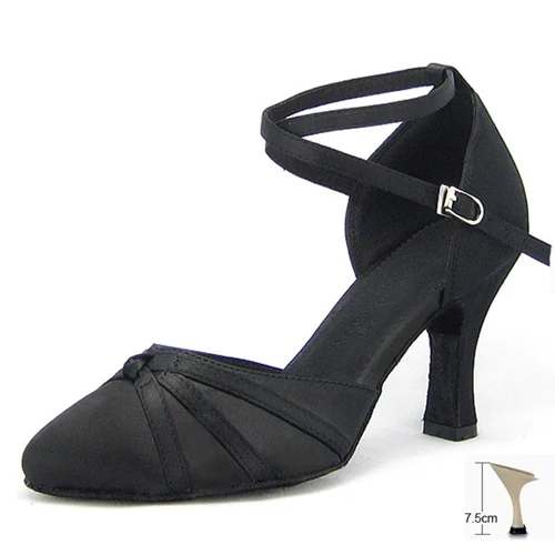 Black Heel 75mm Женская обувь для бальных танцев, латинских танцев, черный атлас, сальса, танго, вальс, закрытый острый носок, обувь для социальных танцев, каблук 6/7. 5/8, замша, подошва 1752 - Цвет: Black Heel 75mm