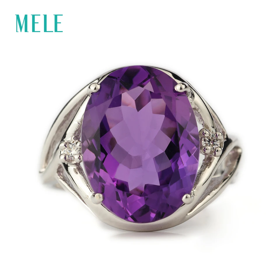 

MELE Natural amethyst silver ring, oval 12mm*16mm,deep purple color and perfect cutting fire, romantic and popular ladies ring