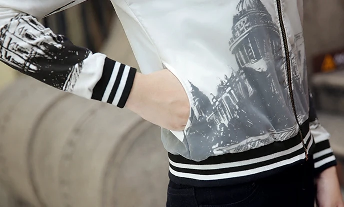 Новинка весны 2017 женская версия короткой куртки на молнии с принтом тонкая