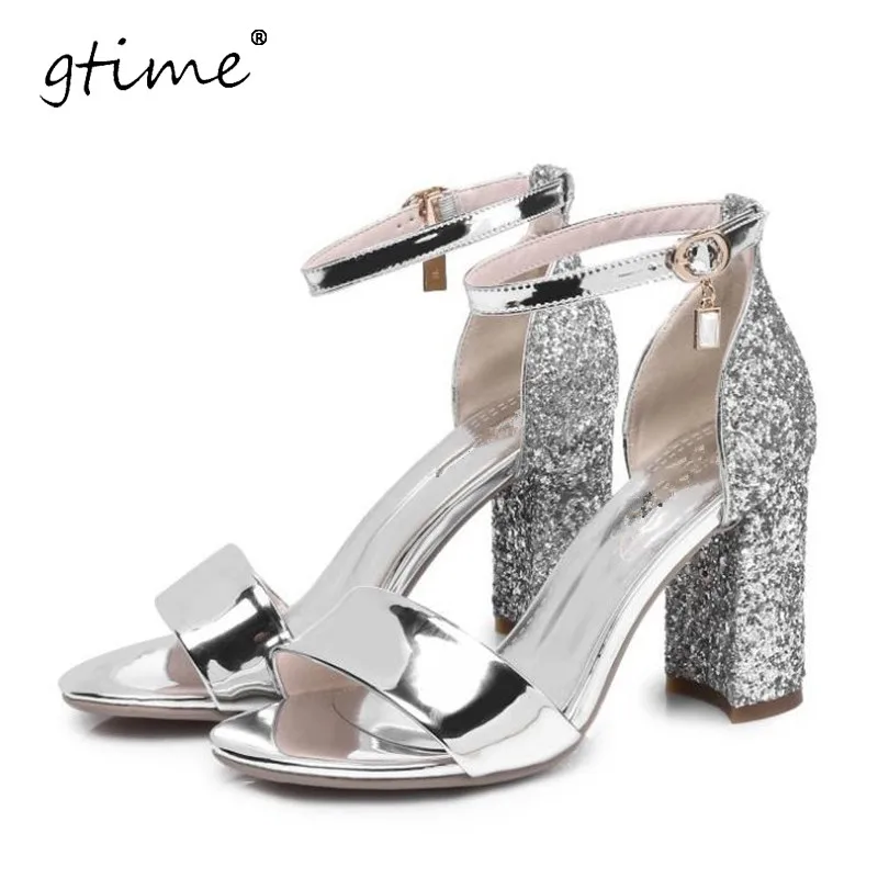 Gtime 2017 пряжка ремень высокий каблук сандалии женщин золото серебро мода дамы