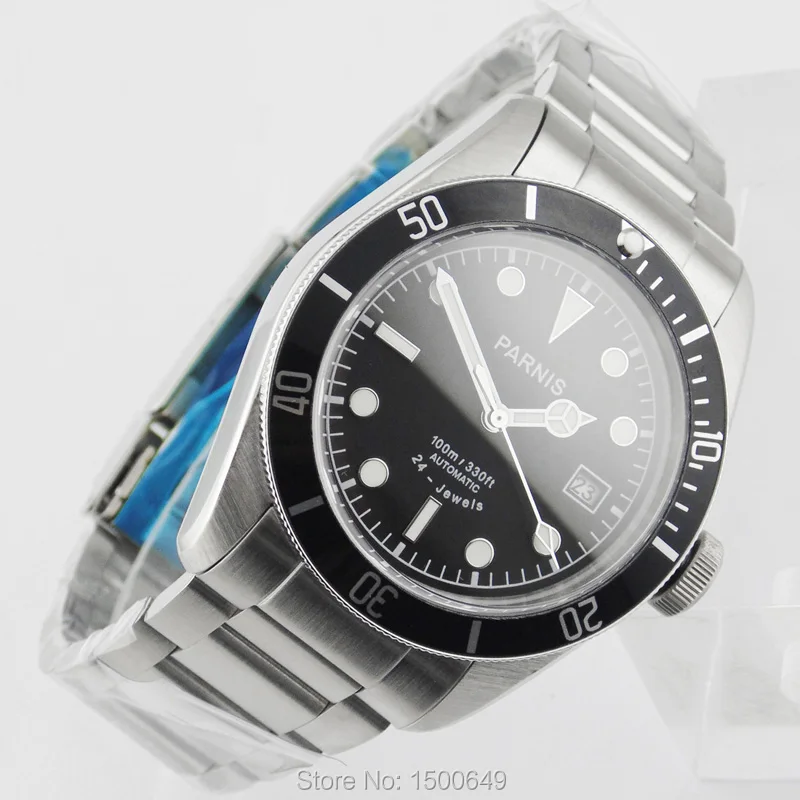 W1825 Parnis 41 мм черный циферблат сапфировое стекло Дата черная рамка вставки