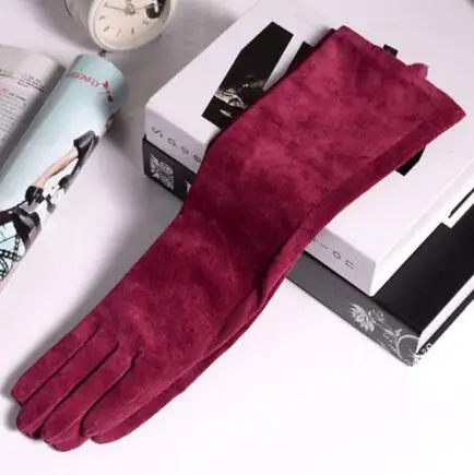 wine red Осенне-зимние женские перчатки из натуральной кожи длиной 45 см, перчатки из овчины и козьей кожи, перчатки из мягкой замши R097 - Цвет: wine red