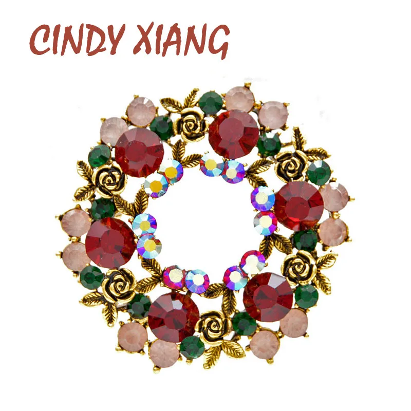 CINDY XIANG, красный и зеленый цвет, стразы, роза, круг, цветок, броши для женщин, Ретро стиль, рождественское ювелирное изделие, брошь на булавке, новинка
