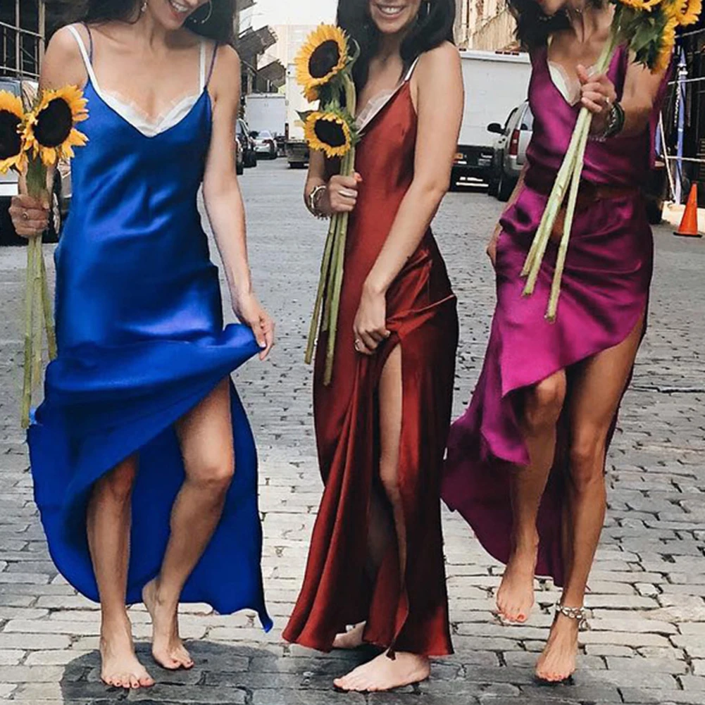 Женское атласное Макси платье с v образным вырезом на тонких бретельках без