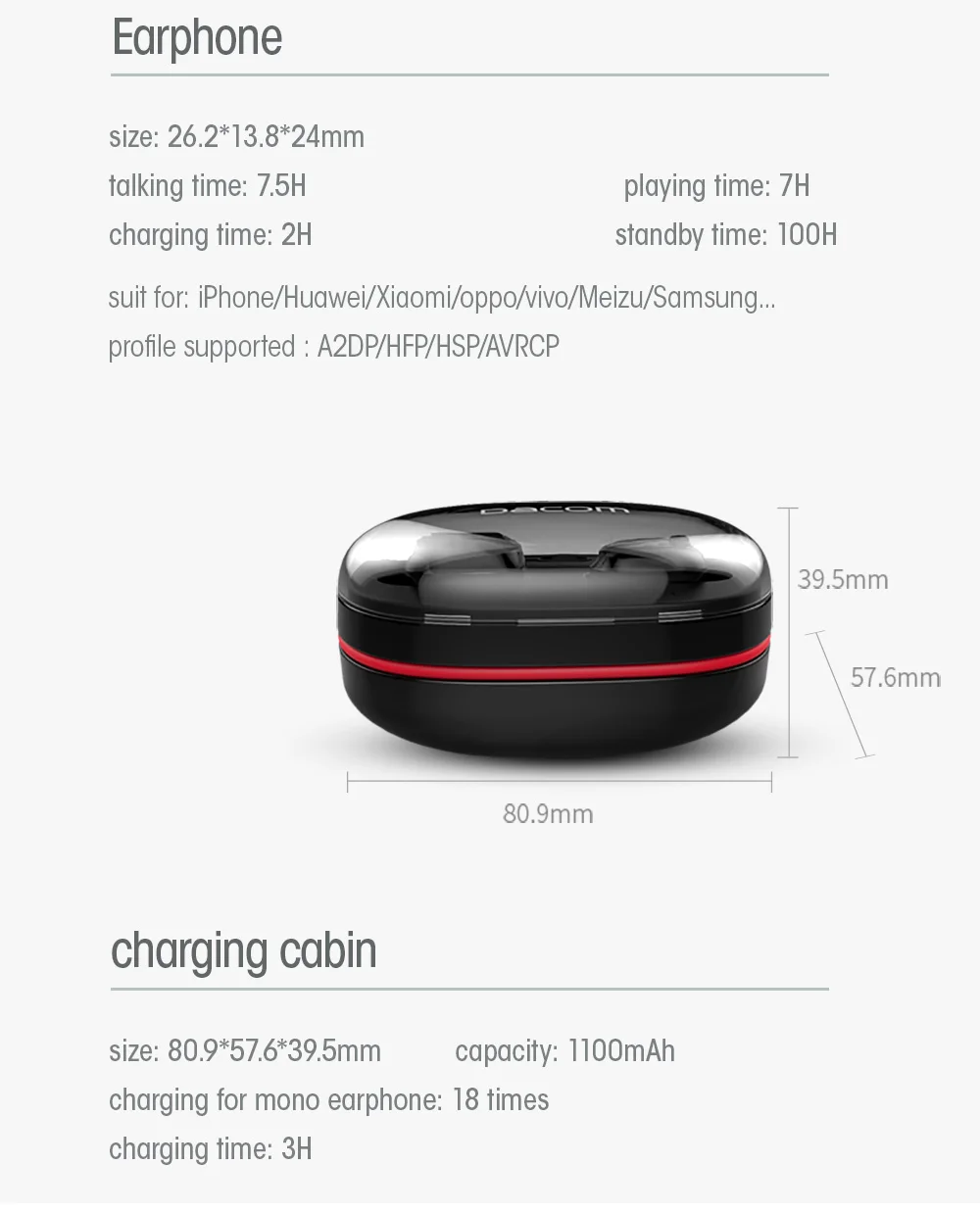 Dacom K6H TWS настоящие беспроводные наушники, мини-гарнитура для близнецов, стерео Bluetooth наушники, беспроводные наушники с 1100 мАч коробкой