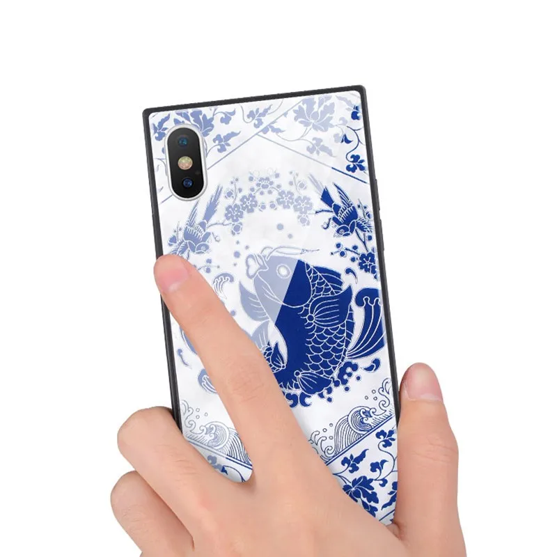 FTAIDKJ китайский стиль синий и белый фарфоровый мраморный чехол для iPhone X 10 7 8 Plus 6 6S Plus роскошное квадратное закаленное стекло крышка
