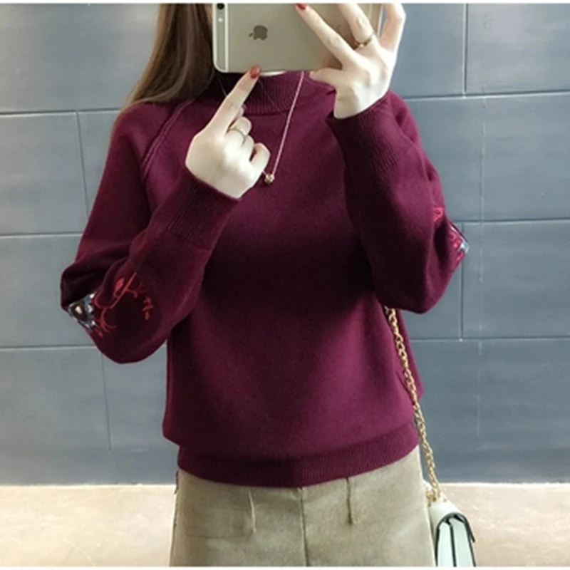 Girl Autumn Winter Plus Size Long Sleeve Knitted Sweater Female Embroidered Half Turtleneck Loose Pullover F280 | Женская одежда