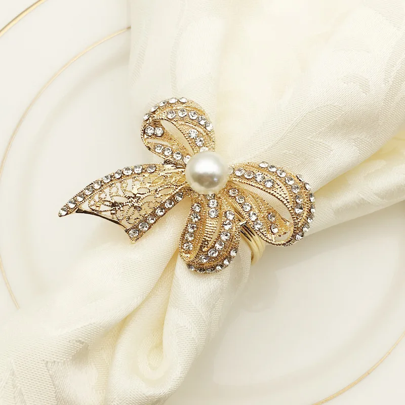 

6pcs/lot Western Napkin Rings Bow-knot Pearl Beaded Shining Gold Christening Bangle Metal Bridal Shower Gift Party Supplies