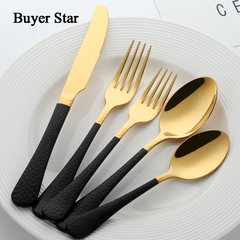 

Logo acceptable 5Pcs Black Gold Stainless Steel Tableware coffee spoon Cutlery Sets Flatware Dessert Spoon salad Fork Knife