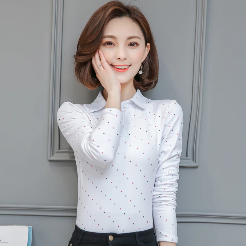 Женская Винтажная футболка в горошек с длинным рукавом и отложным воротником