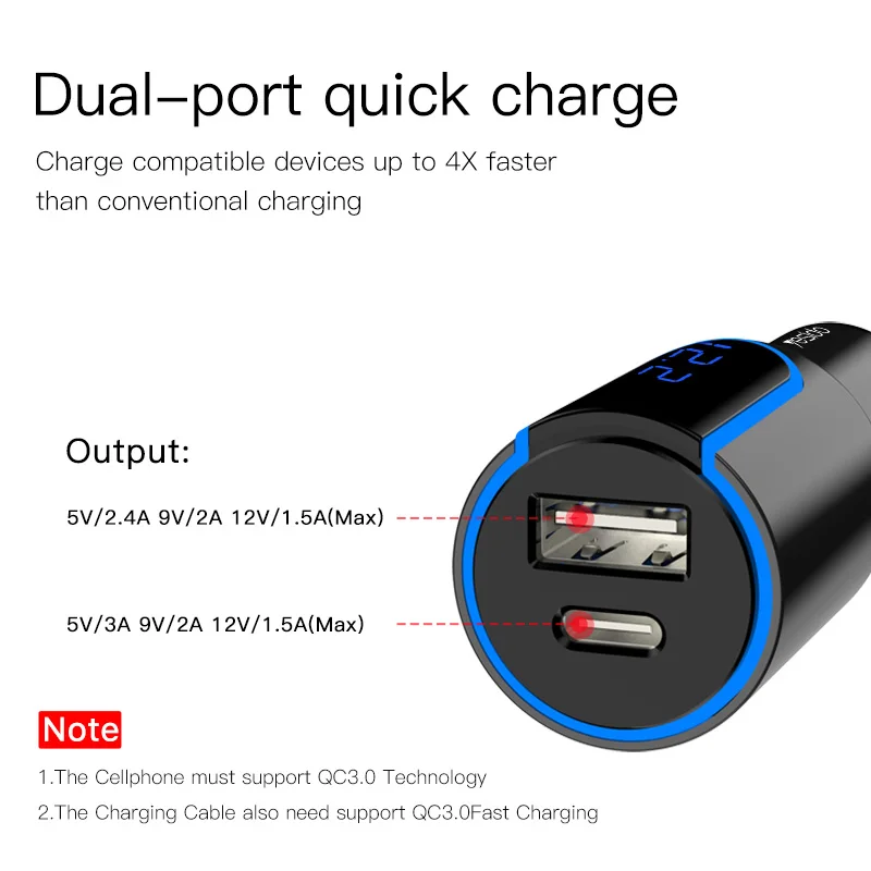 Автомобильное зарядное устройство Yesido Y32 Quick Charge 3 0 PD USB C цифровой дисплей