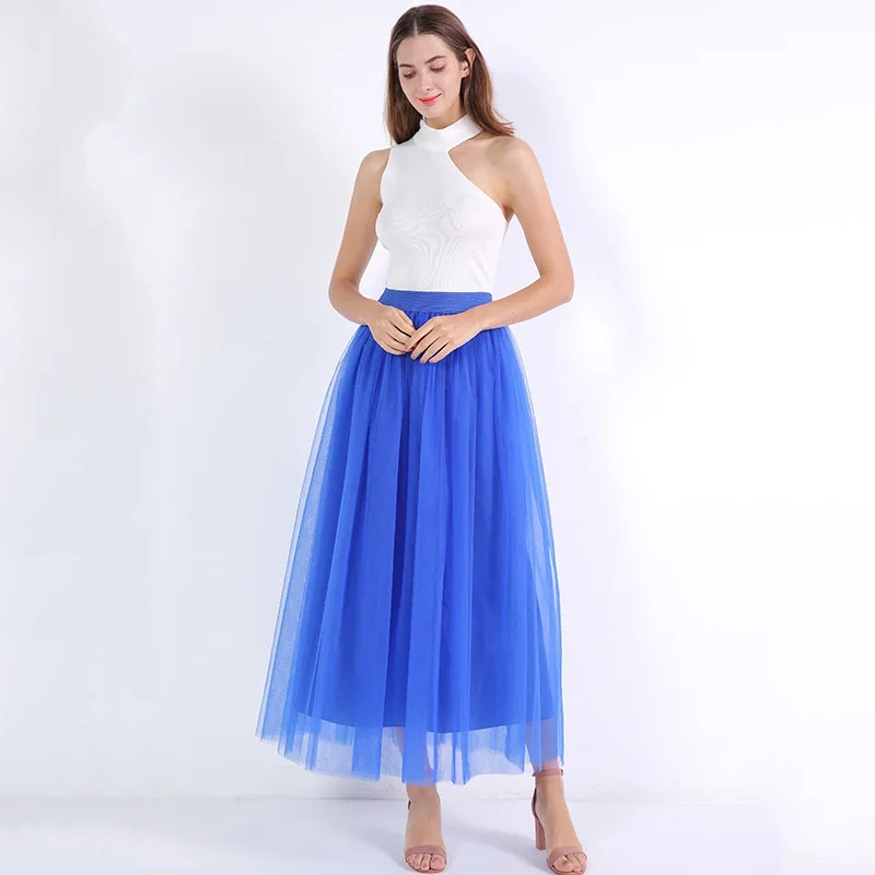 royal blue 4 слоя 100 см Длина до пола юбки для женщин Элегантная Высокая талия плиссированная Тюлевая юбка подружки невесты бальное платье одежда для подружки невесты - Цвет: royal blue