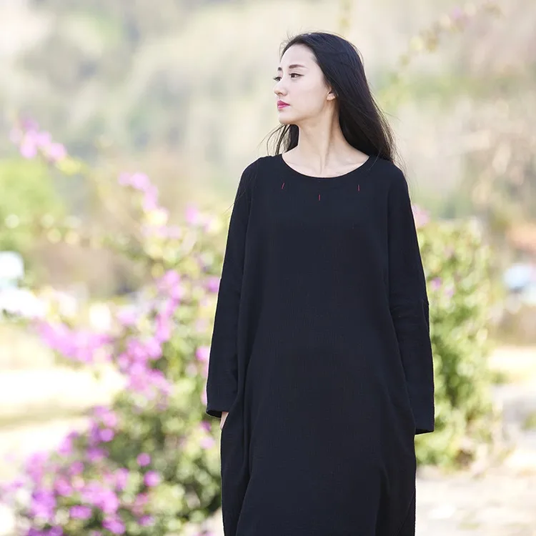 Женские винтажные двухслойные платья из хлопка и льна с длинным рукавом 4 цвета