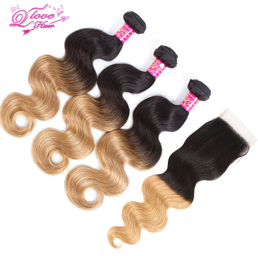 Queen Love Hair 1B/27 2 тона Омбре перуанские волнистые волосы для тела 100% человеческие 3