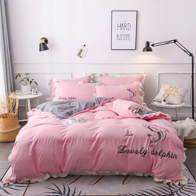 4 шт Помытый хлопок принцесса стиль сплошной модный розовый Дельфин дизайн