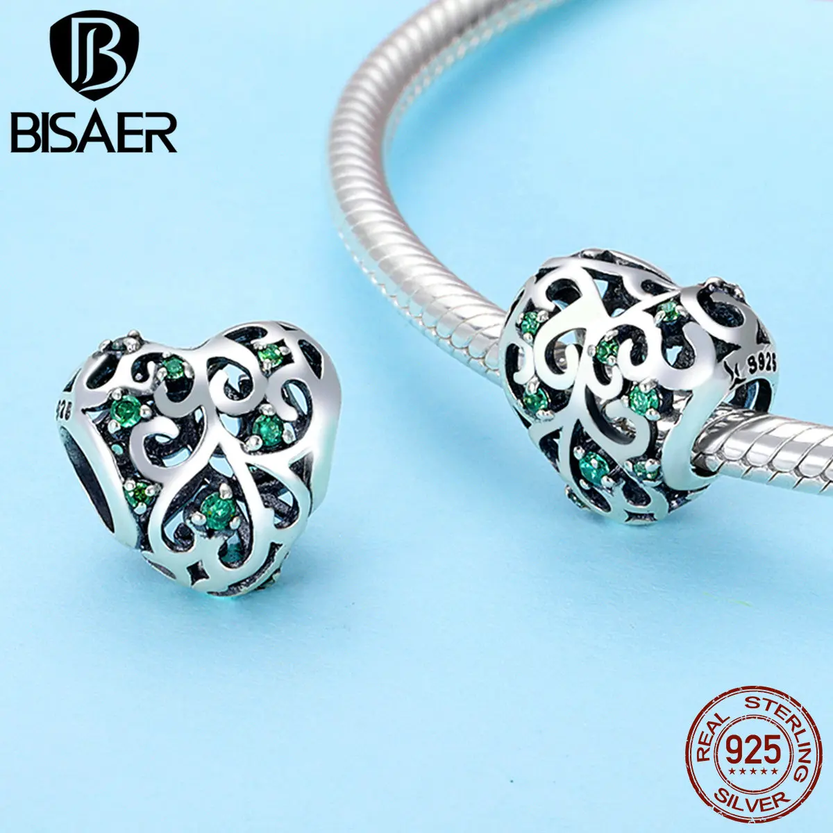 BISAER, 925 пробы, серебряные подвески, дерево жизни, листья, сердце, бусины, подходят для браслетов, для женщин, бусины, серебро, 925, для изготовления ювелирных изделий