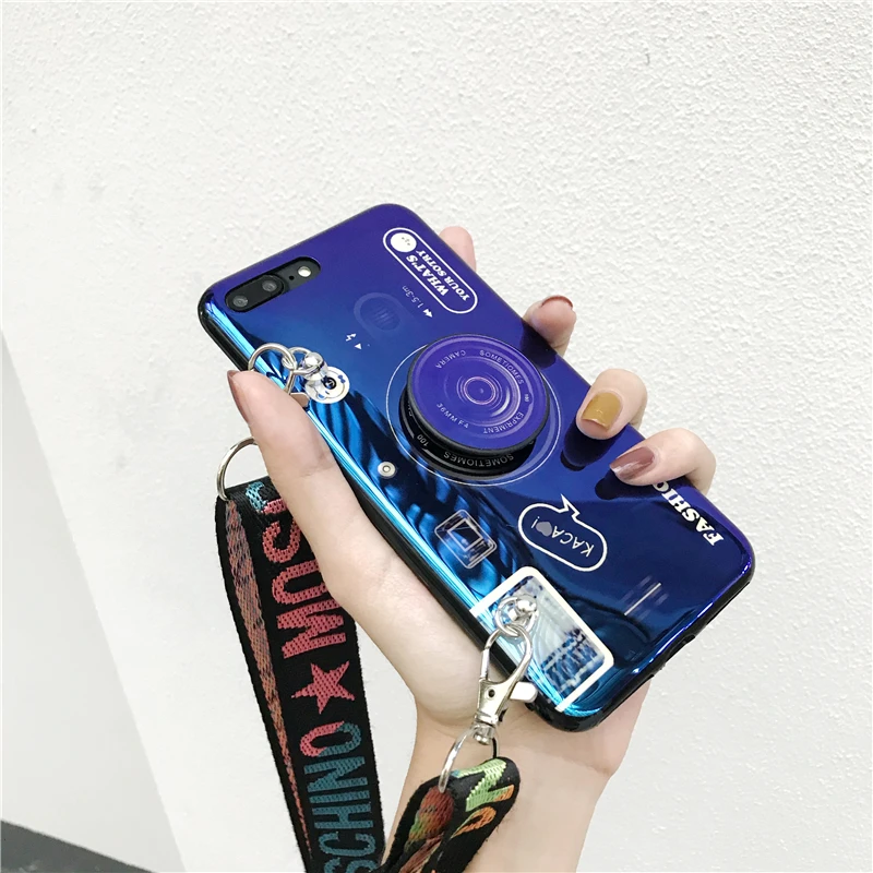 3D камера стиль Мягкий ТПУ чехол с ремешком и кронштейном для iPhone X XR XS Max 6 6S 7 8 Plus 5 5S