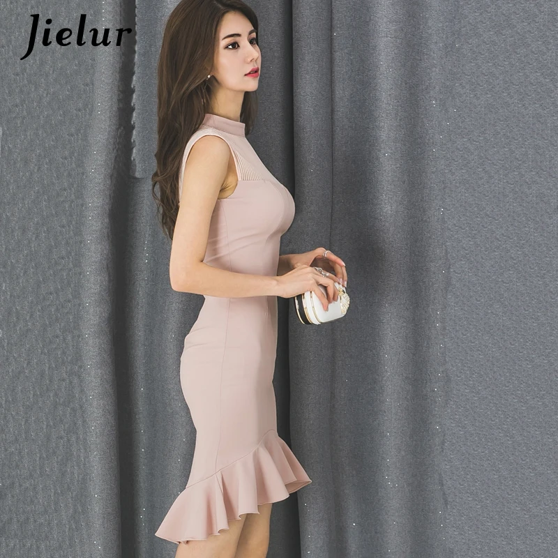 Jielur/платье-труба для женщин; Сетчатое лоскутное платье без рукавов; летнее простое асимметричное платье; Vestidos; пикантные Клубные обтягивающие платья с воротником-стойкой; OL Sukienki
