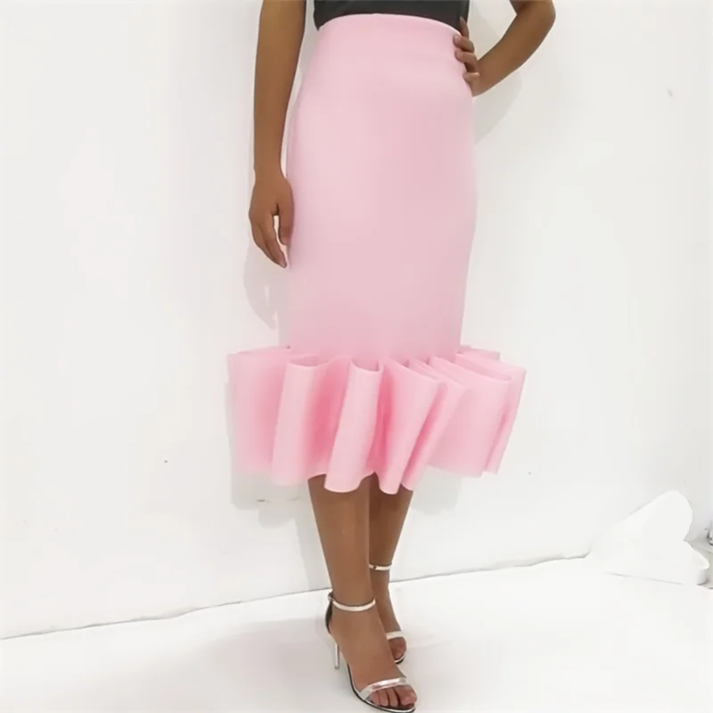 Летняя розовая юбка для женщин оборки складки юбки эластичные сексуальные