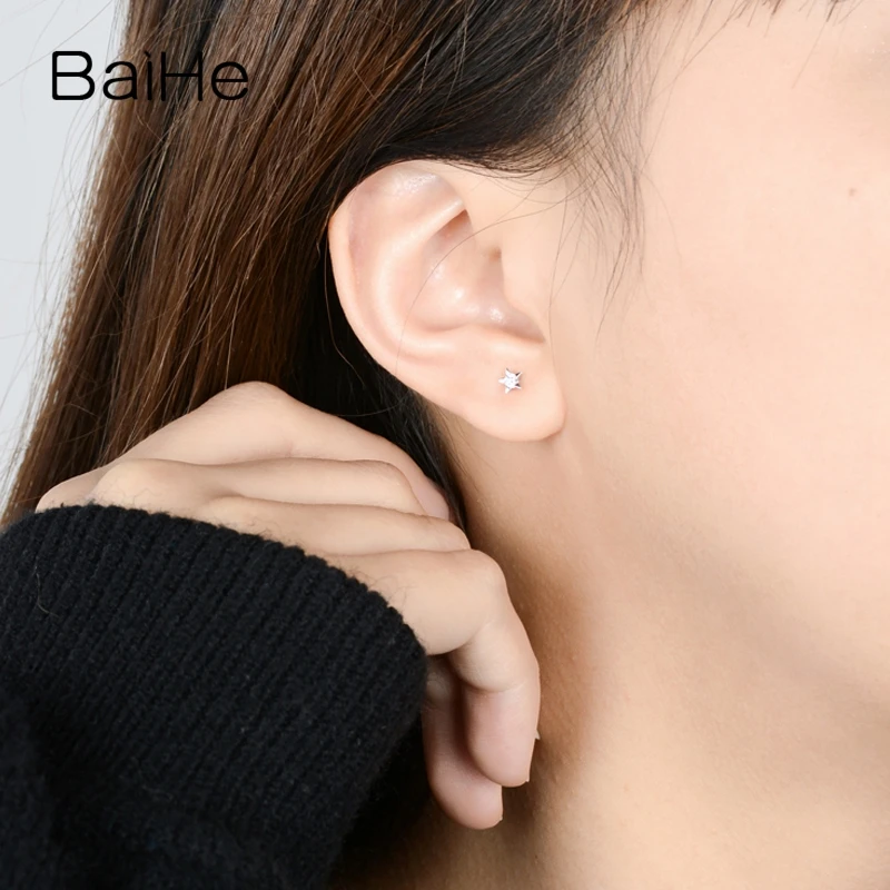 BAIHE Genuine Solid 14K White Gold Diamond Earrings Anniversary Trendy Star Stud Fine Jewelry Making Birthday Present | Украшения и