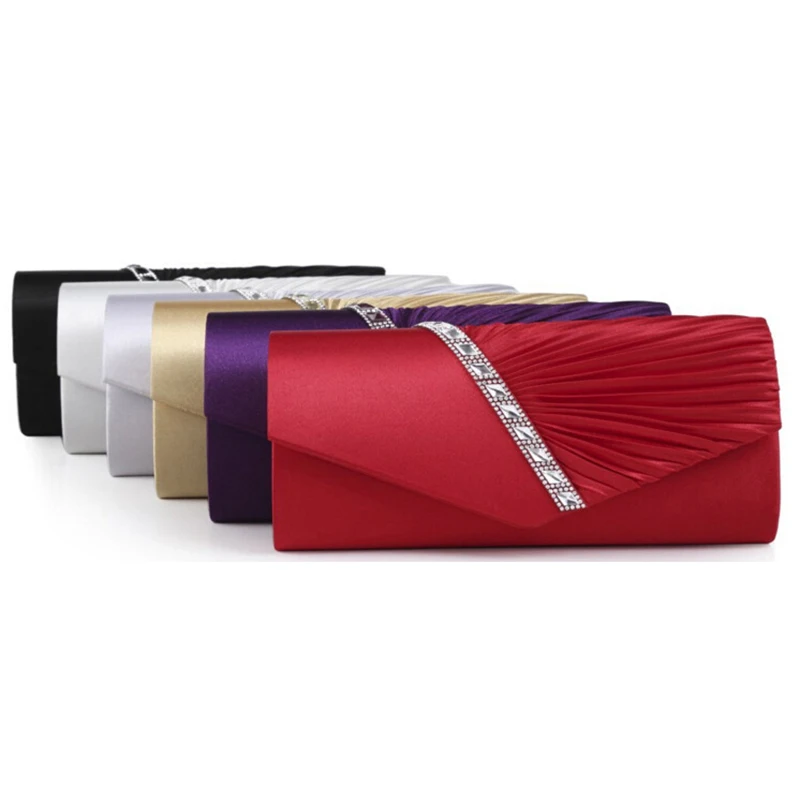 Women Silk Evening Bag Rhinestone Day Clutch Pleated Chain Blue Red Long Purse For Bridal Wedding Hand Bags bolso | Багаж и сумки