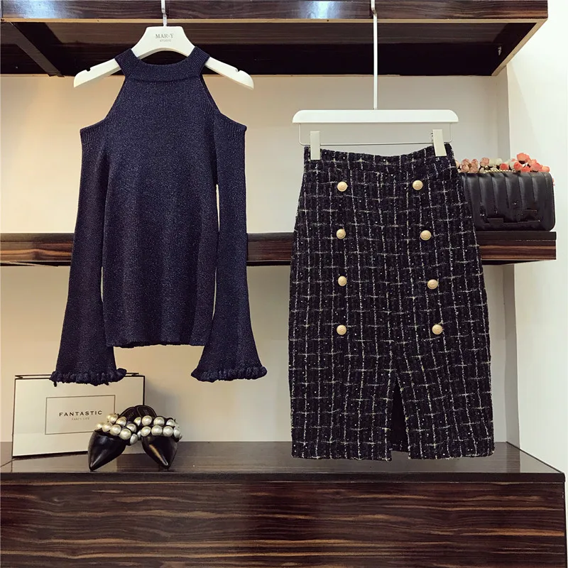 Женский твидовый комплект из 2 предметов вязаный свитер с открытыми плечами и