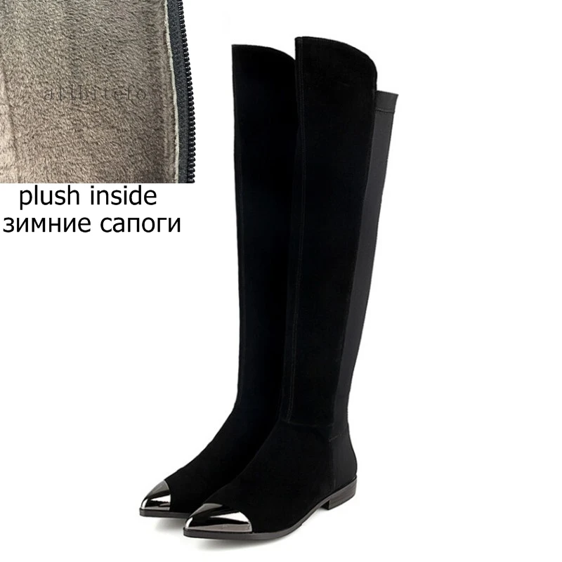 plush inside ALLBITEFO/Женские Сапоги выше колена из натуральной кожи на плоской подошве с металлическим носком и эластичным материалом; зимние теплые высокие сапоги с острым носком - Цвет: plush inside
