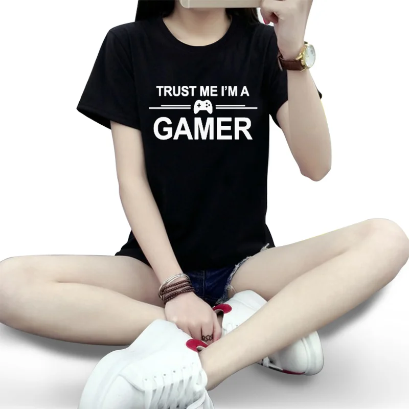

Женская хлопковая Футболка с принтом TRUST ME'm GAMER, летняя, повседневная, с круглым вырезом, размера плюс