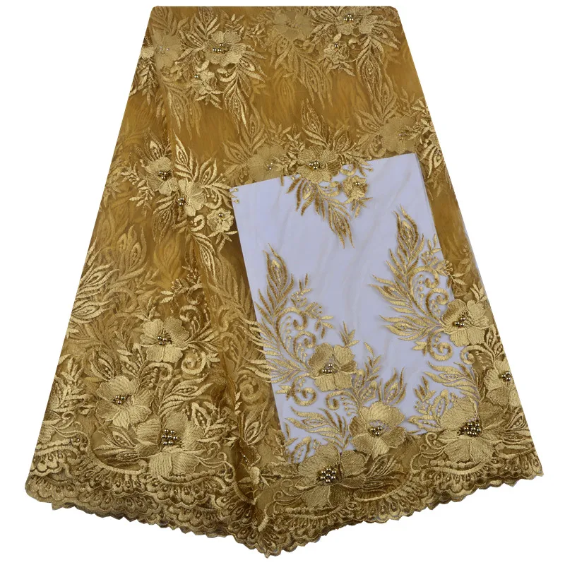 

2018 African Lace Fabrics Embroidered African Tulle Lace Gold French Lace Fabric With Beads French Net Lace For Wedding 1343