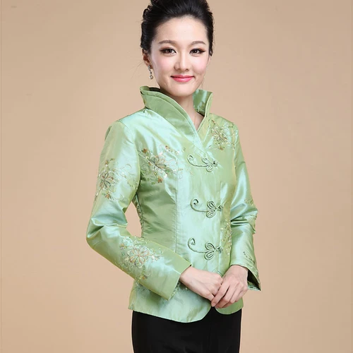 Весна осень китайский стиль ретро женский костюм Тан Qipao пальто Hanfu платье Чонсам с длинным рукавом Топ Tangzhuang блесток M-4XL - Цвет: Green