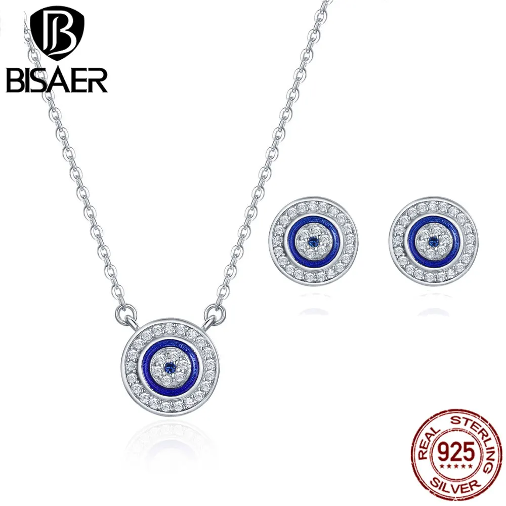 BISAER, ювелирный набор, 925 пробы, серебро, защита от сглаза, женский, счастливый, голубой глаз, ювелирный набор, Стерлинговое Серебро, ювелирное изделие, свадебный подарок - Окраска металла: Necklace Earrings