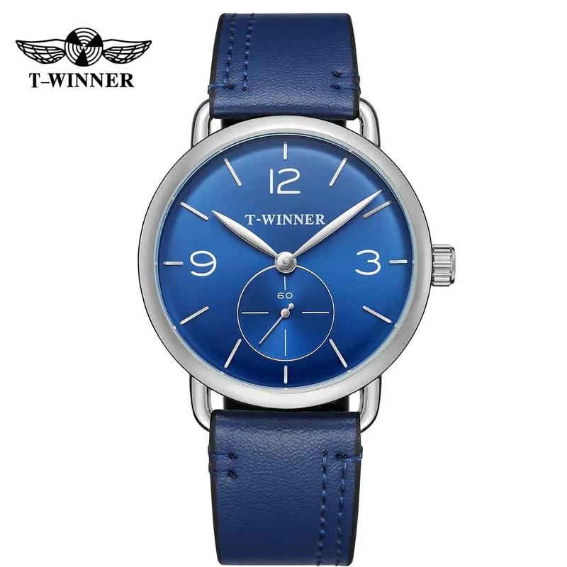 blue Купоны, распродажа, мужские часы, механические, с ручным заводом, Роскошные, Топ бренд, победитель, черный кожаный ремешок, мужские часы, мужские часы, relogio - Цвет: blue