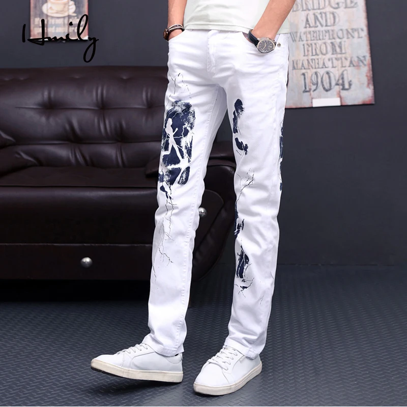 Джинсы HMILY мужские с принтом Модные узкие брюки из денима белого цвета эластичные