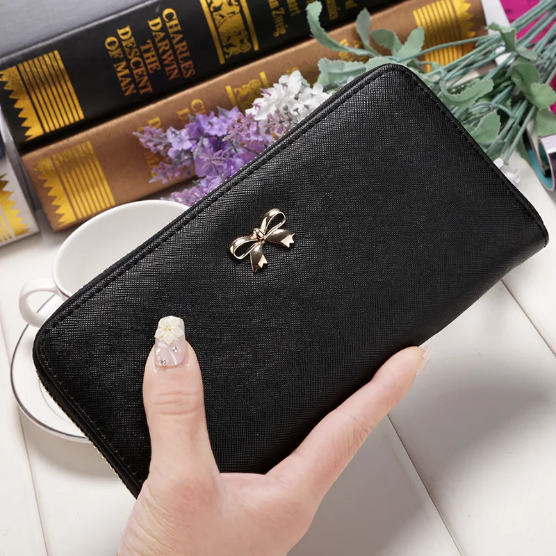 Women Bow Long Wallet for Credit Cards Coin Purse Coins Change Cell Phone Card Holder Zipper PU Leather Clutch Lady Wallets | Багаж и