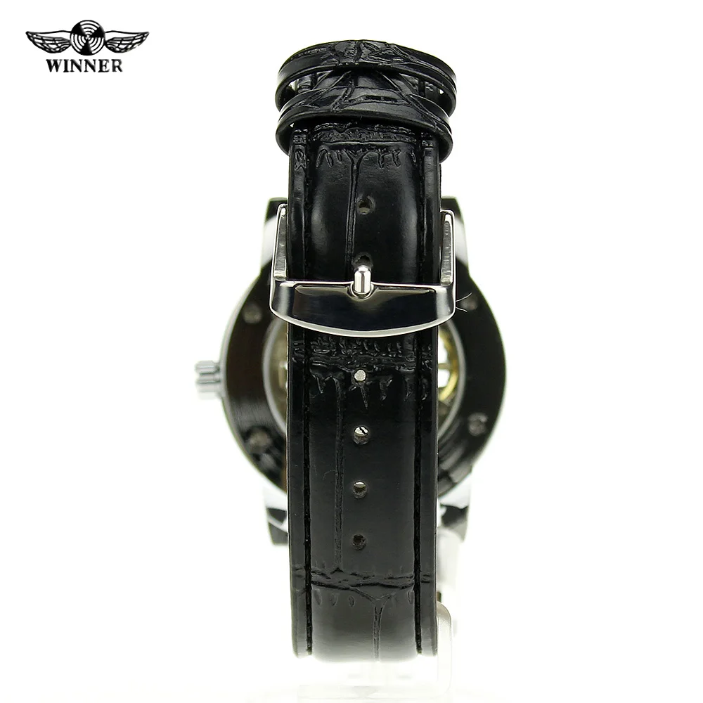 Победитель винтажные Брендовые мужские механические часы Скелет Черный Кожаный