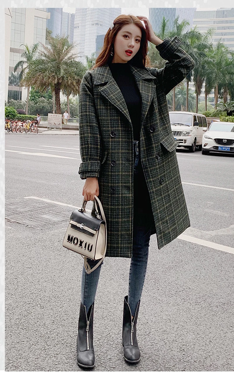 Zoki Loose Plaid Women Long Wool Blend Coat Fashion Winter Warm Jacket Elegant Double Breasted Autumn Fleece Outwear Plus Size