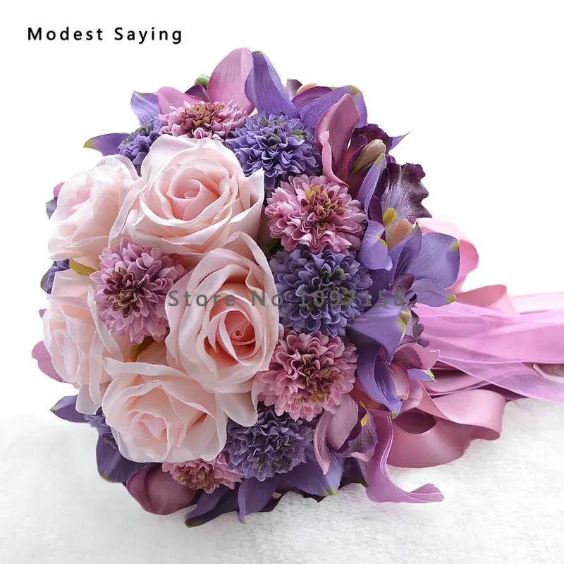 Элегантные Лавандовые Искусственные цветы розы свадебные букеты 2017 для невесты