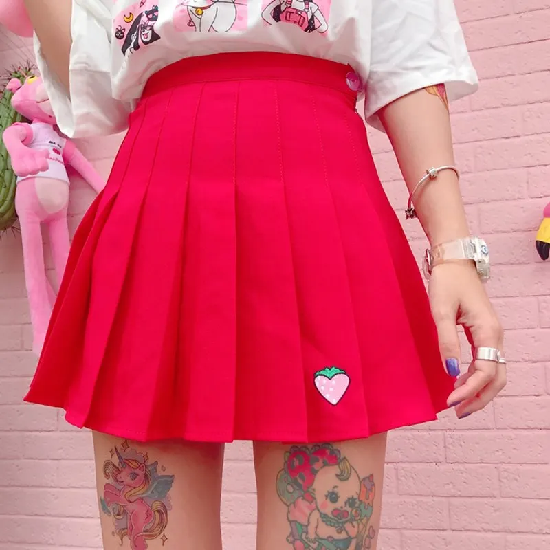 Harajuku стиль милое клубничное платье с вышивкой Женская Повседневная хлопковая милая маленькая свежая мини-юбка с высокой талией плиссированная юбка