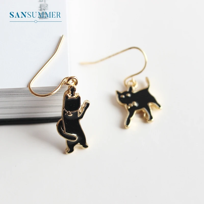 Женские асимметричные серьги капельки с милым черным котом модные животными