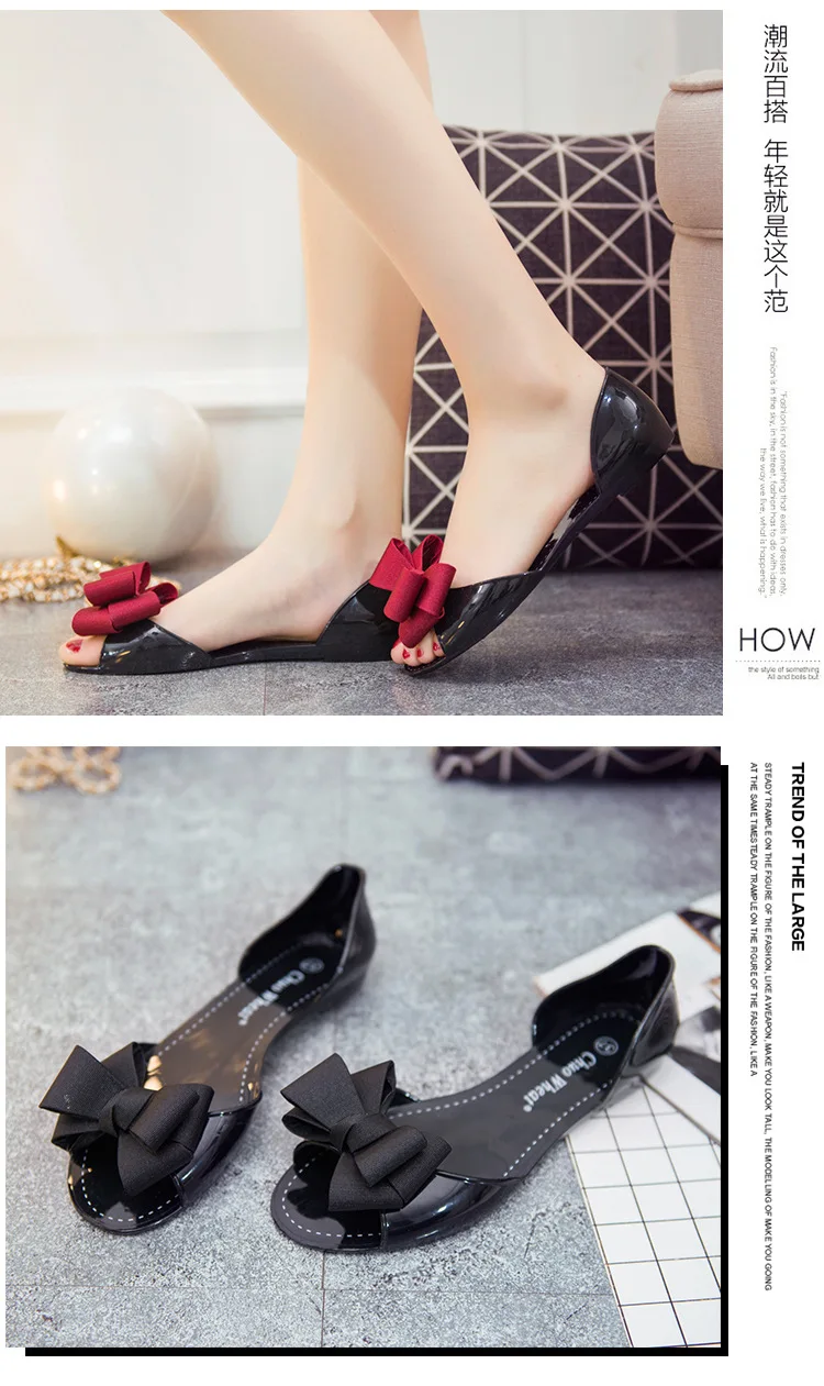 ZHENZHOU Sandals female flat bottom wild jelly shoes soft bottom plastic bow fish mouth shoes Korean women's shoes new