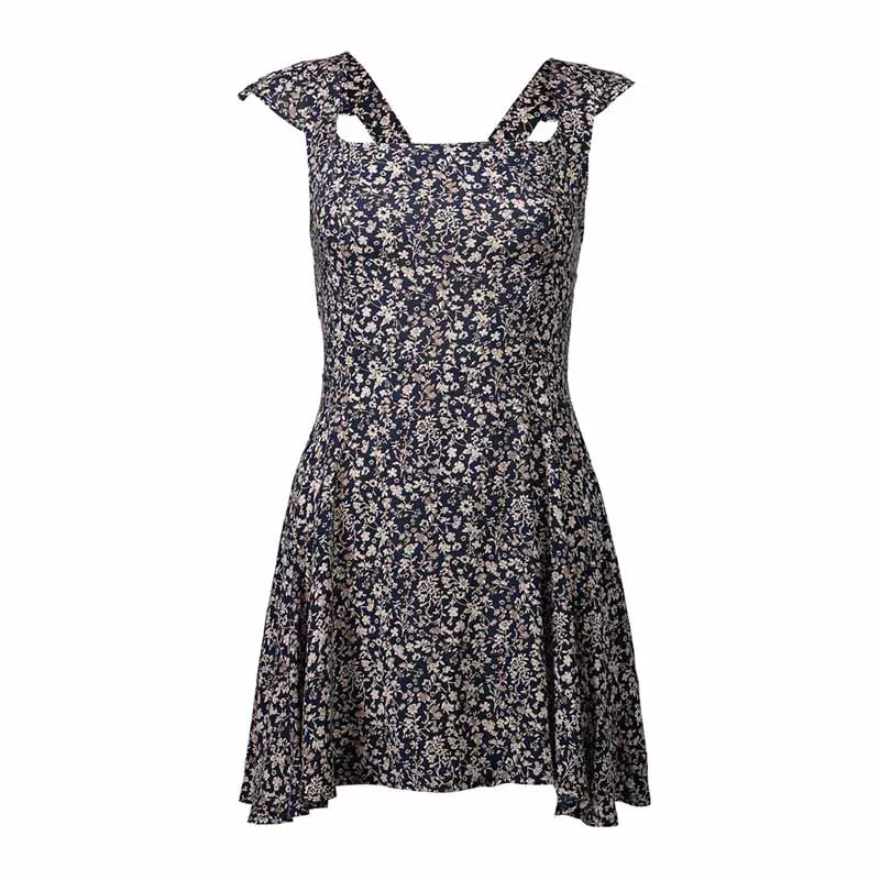 Wavaiov Vintage Wine Floral Print Boho Short Dress Women Backless High Waist Summer Sexy Beach Sundress Vestidos | Женская одежда