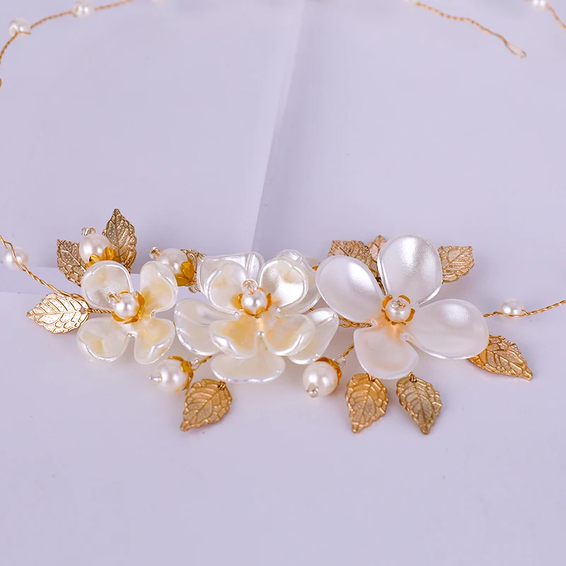 Жемчужный цветок невесты ободок Золотой с листьями для Свадебные аксессуары