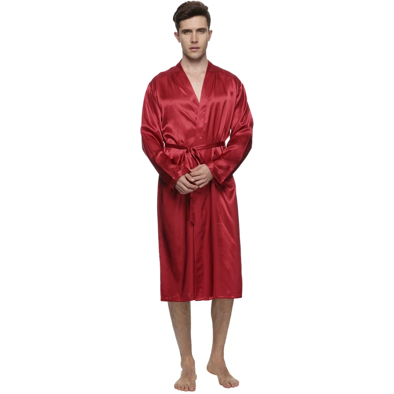 Solid Color Men Stain Robe Breathable V Neck Long Silk Bath Sleepwear Bridegroom Kimono Plus Size for Wedding Home Wear | Мужская одежда