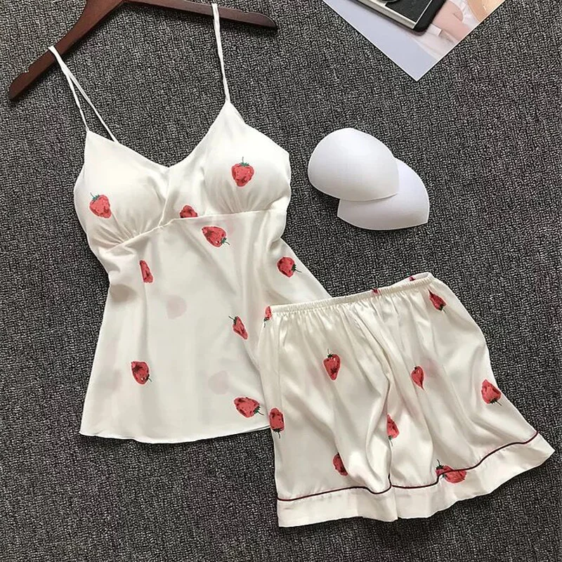 Женская атласная Шелковая пижама с клубничкой длинными рукавами женские